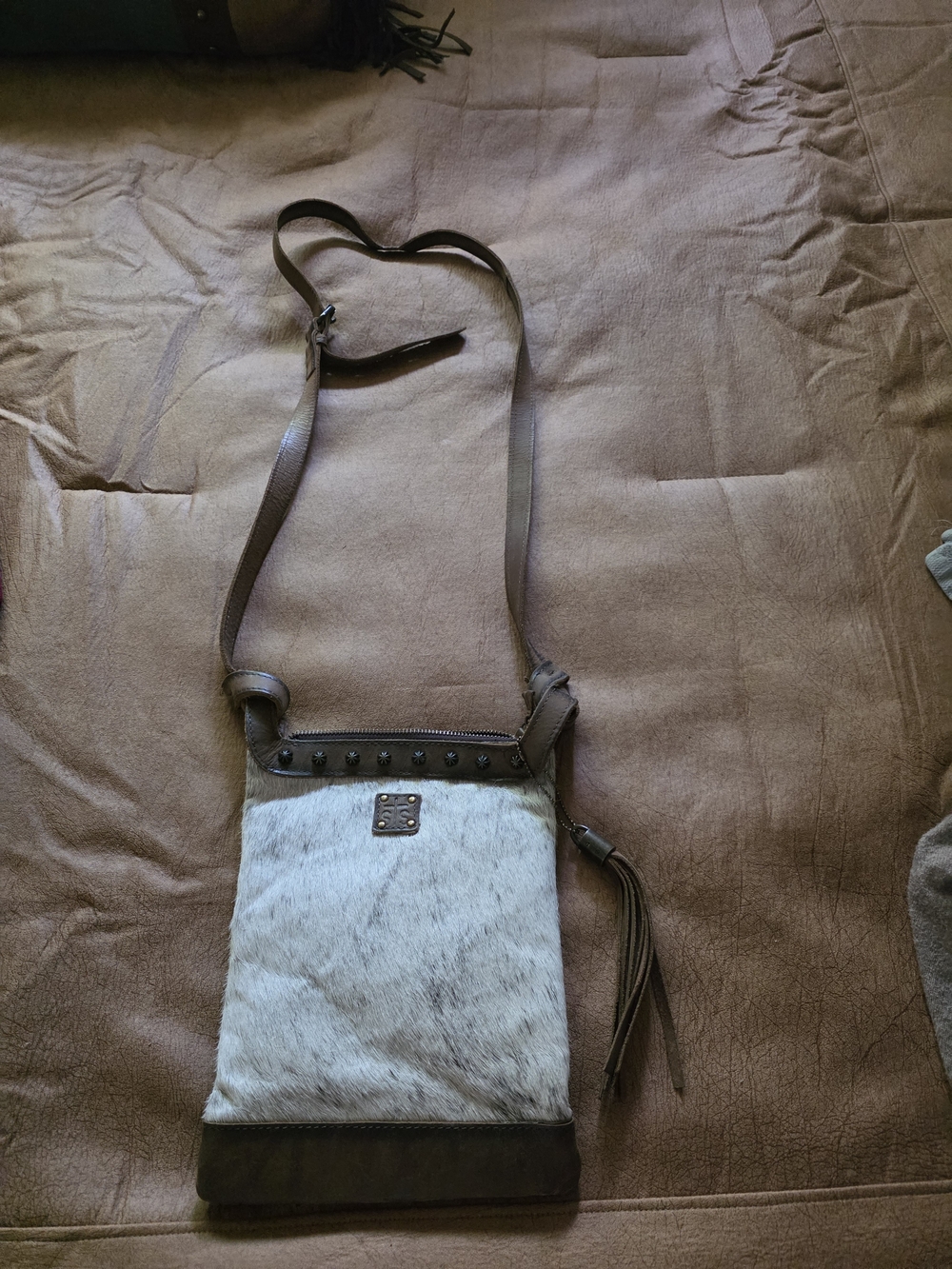 STS Brown and White Crossbody Bag Cowhide Front With Custom Rocking M Brand